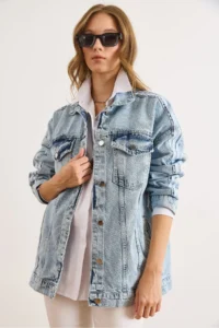 Olalook Women's Light Blue Sleeve Striped Comfortable Fit Denim Jacket - Image 6