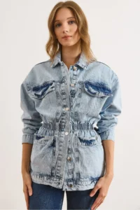 Olalook Women's Light Blue 4 Pocket Waist Waist Long Denim Jacket