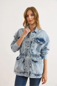 Olalook Women's Light Blue 4 Pocket Waist Waist Long Denim Jacket - Image 2