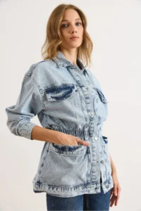 Olalook Women's Light Blue 4 Pocket Waist Waist Long Denim Jacket - Image 3