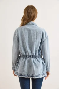 Olalook Women's Light Blue 4 Pocket Waist Waist Long Denim Jacket - Image 4