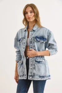 Olalook Women's Light Blue 4 Pocket Waist Waist Long Denim Jacket - Image 5