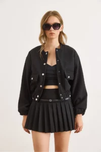Olalook Women's Black Lined Pocketed Bomber Jacket - Image 2