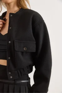 Olalook Women's Black Lined Pocketed Bomber Jacket - Image 5