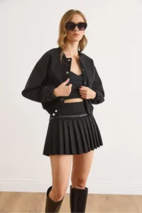 Olalook Women's Black Lined Pocketed Bomber Jacket - Image 6