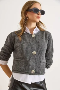 Olalook Women's Smoked Open Knit Pocket Buttoned Thick Knitwear Jacket