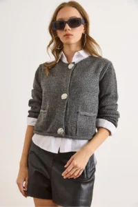 Olalook Women's Smoked Open Knit Pocket Buttoned Thick Knitwear Jacket - Image 2