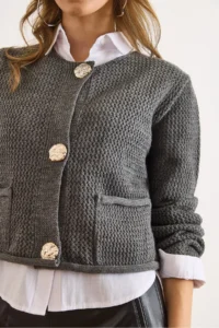 Olalook Women's Smoked Open Knit Pocket Buttoned Thick Knitwear Jacket - Image 4