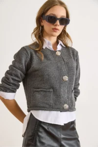 Olalook Women's Smoked Open Knit Pocket Buttoned Thick Knitwear Jacket - Image 5