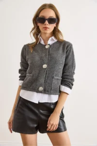 Olalook Women's Smoked Open Knit Pocket Buttoned Thick Knitwear Jacket - Image 6