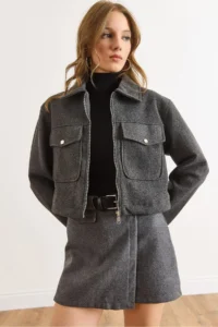 Olalook Women's Smoked Lined Zippered Double Pocket Detailed Crop Stitch Jacket