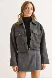 Olalook Women's Smoked Lined Zippered Double Pocket Detailed Crop Stitch Jacket - Image 2