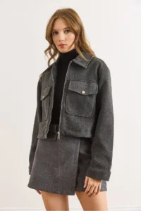 Olalook Women's Smoked Lined Zippered Double Pocket Detailed Crop Stitch Jacket - Image 4