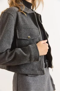 Olalook Women's Smoked Lined Zippered Double Pocket Detailed Crop Stitch Jacket - Image 5