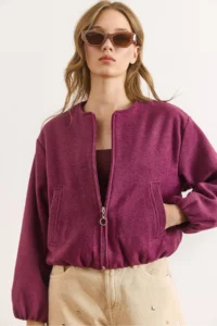 Olalook Women's Purple Pocket Lined Crew Neck Crop Stitching Jacket