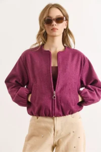 Olalook Women's Purple Pocket Lined Crew Neck Crop Stitching Jacket - Image 3