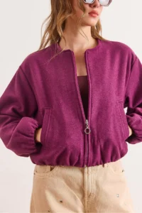 Olalook Women's Purple Pocket Lined Crew Neck Crop Stitching Jacket - Image 4