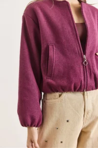 Olalook Women's Purple Pocket Lined Crew Neck Crop Stitching Jacket - Image 5