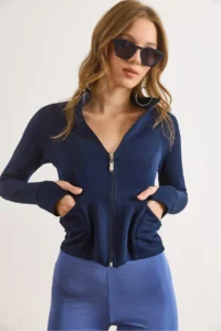 Olalook Women's Navy Blue Cupra Modal Flexible Sports Jacket with Thumb Hole
