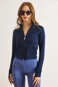 Olalook Women's Navy Blue Cupra Modal Flexible Sports Jacket with Thumb Hole - Image 2