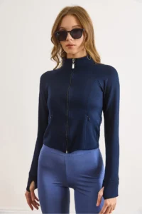 Olalook Women's Navy Blue Cupra Modal Flexible Sports Jacket with Thumb Hole - Image 4