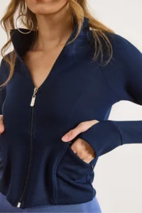 Olalook Women's Navy Blue Cupra Modal Flexible Sports Jacket with Thumb Hole - Image 5