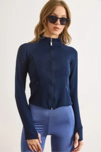 Olalook Women's Navy Blue Cupra Modal Flexible Sports Jacket with Thumb Hole - Image 6
