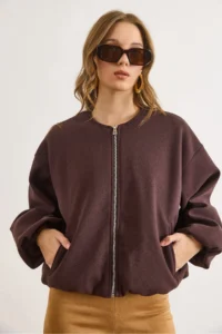 Olalook Women's Brown Crew Neck Pocket Lined Stretch Jacket - Image 2