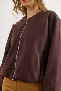 Olalook Women's Brown Crew Neck Pocket Lined Stretch Jacket - Image 3