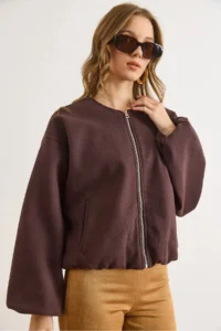 Olalook Women's Brown Crew Neck Pocket Lined Stretch Jacket - Image 4