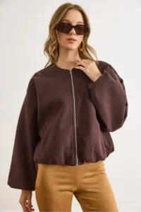 Olalook Women's Brown Crew Neck Pocket Lined Stretch Jacket - Image 5