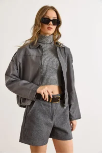 Olalook Women's Smoked Lined Skirt Pleated Oversize Suede Jacket - Image 2