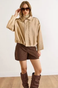 Olalook Women's Stone Lined Skirt Pleated Oversize Suede Jacket