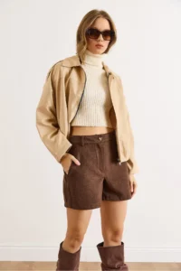 Olalook Women's Stone Lined Skirt Pleated Oversize Suede Jacket - Image 2