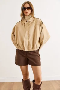Olalook Women's Stone Lined Skirt Pleated Oversize Suede Jacket - Image 4
