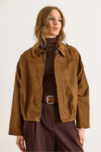 Olalook Women's Tan Lined Skirt Pleated Oversize Suede Jacket - Image 2