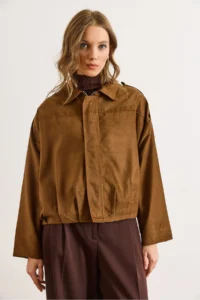 Olalook Women's Tan Lined Skirt Pleated Oversize Suede Jacket - Image 5