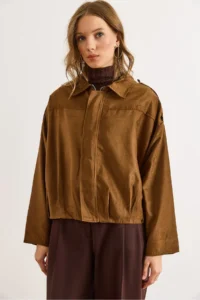 Olalook Women's Tan Lined Skirt Pleated Oversize Suede Jacket - Image 6