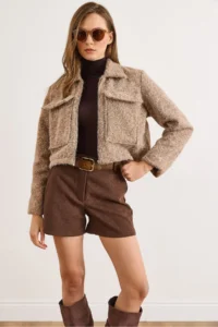 Olalook Women's Camel Pocket, Lined, Raised Cashew Jacket