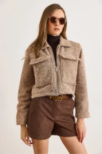 Olalook Women's Camel Pocket, Lined, Raised Cashew Jacket - Image 3