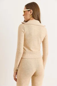 Olalook Women's Beige Collar Detailed Zippered Soft Zippered Jacket - Image 3