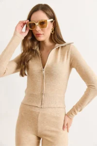 Olalook Women's Beige Collar Detailed Zippered Soft Zippered Jacket - Image 4