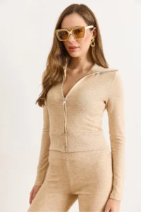 Olalook Women's Beige Collar Detailed Zippered Soft Zippered Jacket - Image 5