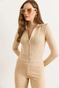 Olalook Women's Beige Collar Detailed Zippered Soft Zippered Jacket - Image 6