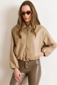 Olalook Women's Beige Lined Pocket Faux Leather Bomber Jacket