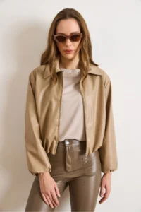 Olalook Women's Beige Lined Pocket Faux Leather Bomber Jacket - Image 2
