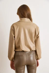 Olalook Women's Beige Lined Pocket Faux Leather Bomber Jacket - Image 3