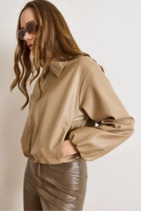 Olalook Women's Beige Lined Pocket Faux Leather Bomber Jacket - Image 4