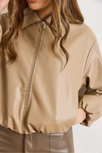 Olalook Women's Beige Lined Pocket Faux Leather Bomber Jacket - Image 5