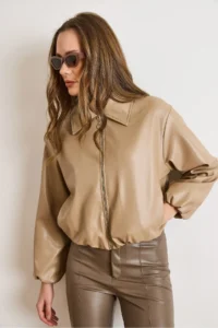 Olalook Women's Beige Lined Pocket Faux Leather Bomber Jacket - Image 6